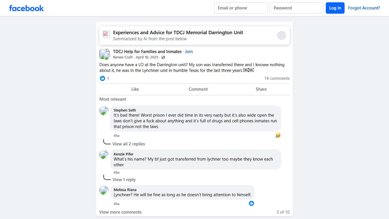 TDCJ Help for Families and Inmates Does anyone have a LO at the Darrington unit Facebook